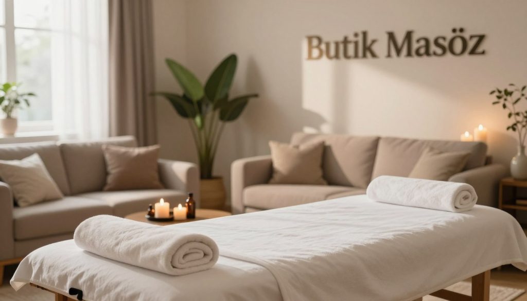A serene and inviting home setting illustrating the concept of home massage pricing in Istanbul. In the foreground, a neatly arranged massage table with soft towels, candles, and essential oils, creating a calming atmosphere. In the middle, a stylish living room with warm lighting, featuring a cozy sofa and decorative plants enhancing the ambiance. A subtle hint of luxury with tasteful decor elements. In the background, a gently diffused natural light streaming through a window, casting soft shadows and creating a tranquil mood. Include the brand name "Butik Masöz" elegantly displayed in the decor. The composition should evoke relaxation and professionalism without any texts or people, capturing the essence of home massage services.