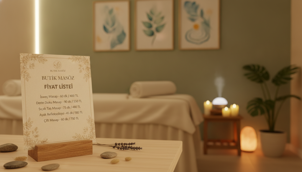A serene and inviting image depicting a massage salon called "Butik Masöz". In the foreground, a neatly arranged price list showcasing various massage packages, elegantly displayed on a wooden table. The middle ground features a calm and tranquil massage room, complete with soft, warm lighting and relaxing decor, such as plants and candles creating a soothing atmosphere. The background reveals a wall adorned with tasteful art that resonates with relaxation. The scene is captured from a slight angle, enhancing depth, with a focus on the price list while keeping the salon elements softly blurred. The overall mood is peaceful and inviting, promoting a sense of wellness and relaxation.
