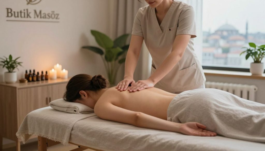 A serene and inviting indoor setting for a professional massage service in Istanbul, featuring a comfortable massage table with soft, neutral linens. In the foreground, a skilled therapist wearing professional attire is performing a relaxing back massage on a client dressed in modest casual clothing. The scene is enriched with calming elements like candles, calming essential oils, and greenery to enhance the atmosphere of relaxation. The lighting is soft and warm, creating a tranquil ambiance, with gentle shadows that lend depth. In the background, faint outlines of Istanbul's skyline can be seen through a window, subtly indicating the location. The overall mood is peaceful and rejuvenating, showcasing the essence of home massage services by "Butik Masöz".