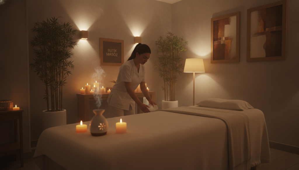 A serene and inviting interior of "Sarıyer İsveç Masajı Spa Merkezi" featuring a tranquil massage room. In the foreground, a comfortable massage table adorned with soft, neutral-colored linens, and an essential oil diffuser emitting a gentle mist. The middle section showcases a skilled masseuse in professional attire, focused on preparing the space, surrounded by candles and soothing decor like bamboo plants and warm-hued wall art. In the background, dim ambient lighting sets a relaxing mood, enhancing the calming atmosphere of the spa. Soft shadows play on the walls, and a gentle glow from strategically placed lamps creates a serene environment. The overall feel conveys relaxation and a sense of luxury, perfect for the "Butik Masöz" experience.