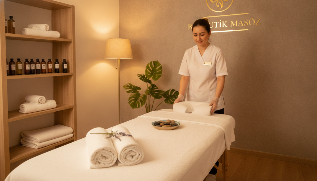A serene and inviting interior of a massage salon named "Butik Masöz" in Kadıköy. In the foreground, a neatly arranged massage table, covered with a pristine white sheet and plush towels, conveys cleanliness. Soft, ambient lighting bathes the room in a warm glow, highlighting wooden shelves stocked with neatly organized essential oils and clean linens. In the middle ground, a professional massage therapist in modest, professional attire prepares the space, ensuring every detail reflects high hygiene standards. The background features elegant decor, including calming plants and a softly glowing lamp, creating a tranquil atmosphere. The overall mood is peaceful and reassuring, emphasizing cleanliness and professionalism, suitable for portraying hygiene standards in a massage salon.
