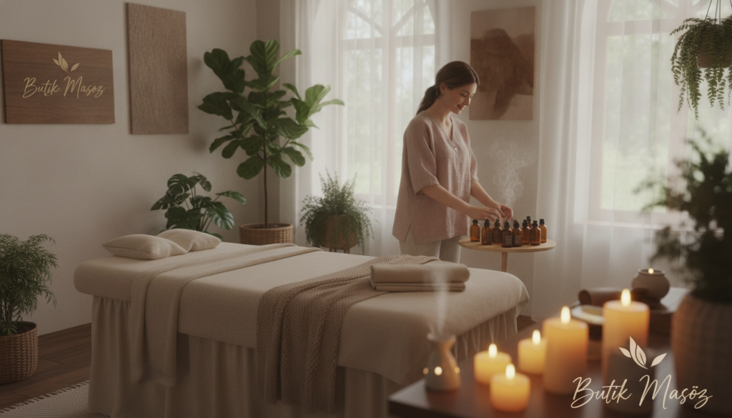 A serene and inviting interior of a massage salon named "Butik Masöz" in Sultanbeyli. In the foreground, a beautifully arranged massage therapy room featuring a comfortable, elegantly designed massage table, soft plush towels, and soothing candles casting warm light. The middle ground includes a professional massage therapist in modest, professional attire preparing essential oils, presenting a welcoming and calming atmosphere. Lush indoor plants and artful decorations adorn the walls, enhancing the tranquility of the space. The background shows soft, ambient lighting, with large windows allowing natural light to filter in, creating a peaceful and relaxing mood. Capture this scene from a slightly angled perspective to emphasize depth, focusing on creating an inviting and harmonious environment, ideal for relaxation and wellness.