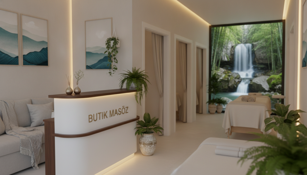 A serene and inviting interior of a massage therapy clinic, showcasing a professional and relaxing atmosphere. In the foreground, a welcoming reception area with a sleek desk labeled "Butik Masöz". Cozy surrounding features include calming artwork on the walls, soft lighting creating a warm ambiance, and indoor plants adding a touch of nature. The middle ground displays neatly arranged massage rooms, each with curtains drawn partially open, revealing soft, neutral-toned decor and comfortable massage tables. Background elements include a soothing waterfall feature or gentle natural scenery visible through large windows. The overall mood is tranquil and restorative, emphasizing professionalism and comfort. Capture a slight depth of field and soft focus, enhancing the peaceful vibe of the space, ensuring everything is Safe For Work, with no inappropriate imagery.