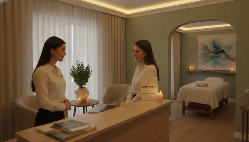 A serene and inviting interior of a massage therapy room at "Butik Masöz", showcasing a well-organized area for booking appointments. In the foreground, a professional-looking receptionist sits at a neat desk, dressed in business attire, engaging with a client over a laptop. The middle ground features a calming decor, such as soft lighting, gentle colors, and natural elements like plants and candles. The background shows a tranquil massage room, complete with a neatly made massage table and soothing artwork on the walls. The overall atmosphere is peaceful and welcoming, reflecting a luxurious spa experience. Use warm, soft lighting to enhance the relaxing mood, captured with a slightly angled perspective to add depth and intimacy to the scene.
