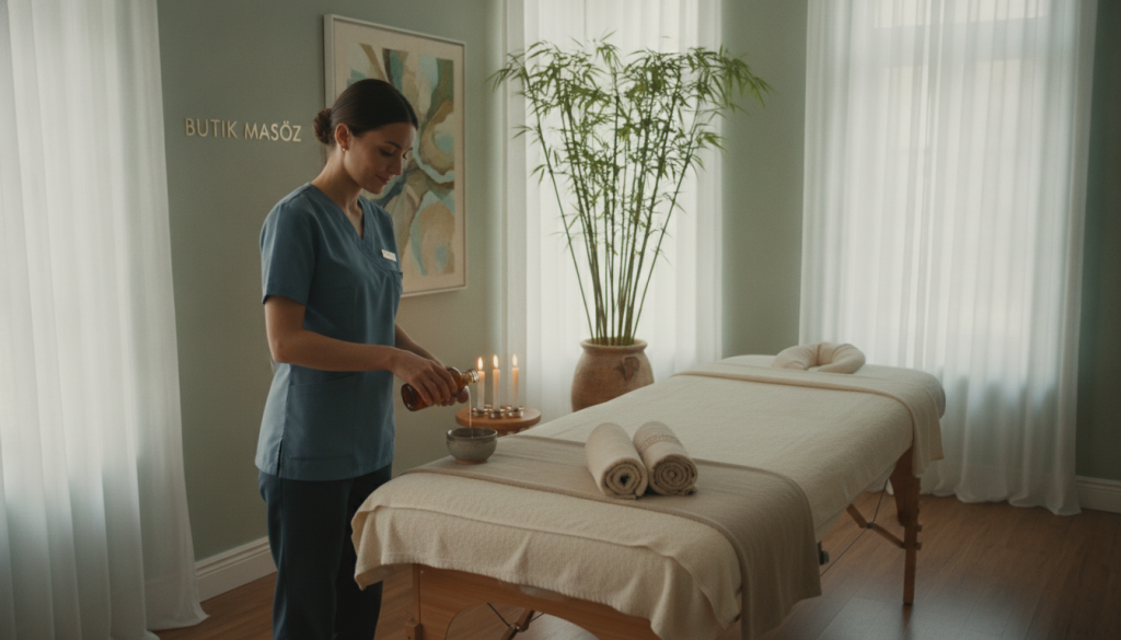 A serene and inviting interior of a massage therapy room from "Butik Masöz," showcasing a beautifully arranged massage table with soft, plush linens. The foreground features a slender, professional masseur wearing modest, professional attire, calmly preparing aromatic oils. In the middle, delicate candles flicker softly, casting a warm glow that enhances the tranquil ambiance. The background reveals calming elements, like bamboo plants and soothing artwork on the walls, promoting relaxation. Soft natural light filters in through sheer curtains, creating a peaceful atmosphere. The setting conveys a sense of professionalism and warmth, suitable for a high-quality massage service in Sarıyer.