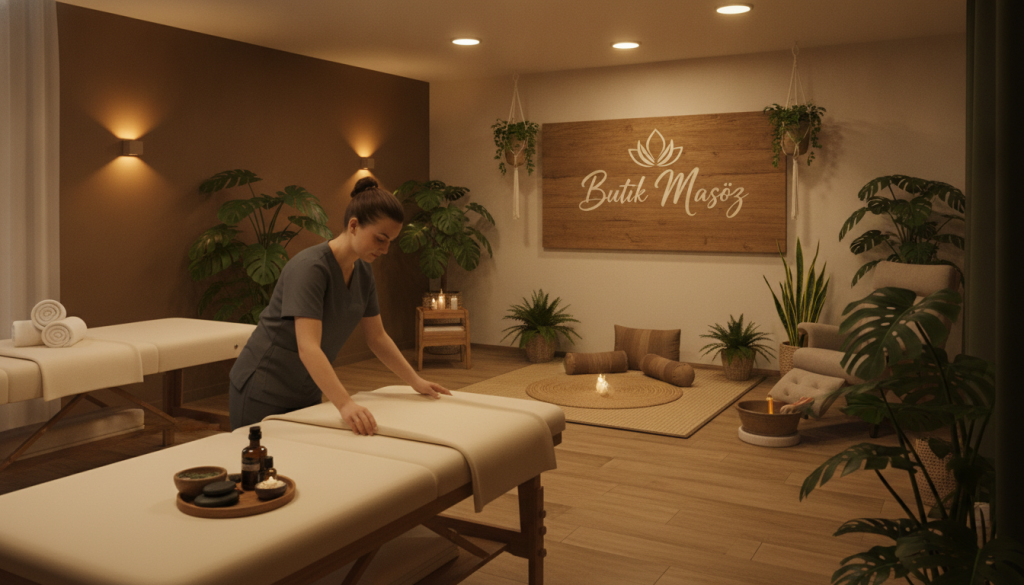 A serene and inviting massage salon interior in Küçükçekmece, featuring various massage treatment areas. In the foreground, a therapist in professional attire prepares a massage bed with soft, natural fabrics. The middle ground showcases different massage setups, including a table for Swedish massage, a yoga mat for Thai massage, and a reclined chair for reflexology. Soft ambient lighting creates a calming atmosphere, while lush indoor plants add a touch of nature. In the background, the brand name "Butik Masöz" is subtly incorporated into the decor, enhancing the professional feel. The scene conveys tranquility and relaxation, with warm tones and a peaceful ambiance that highlight the various massage types and their benefits.