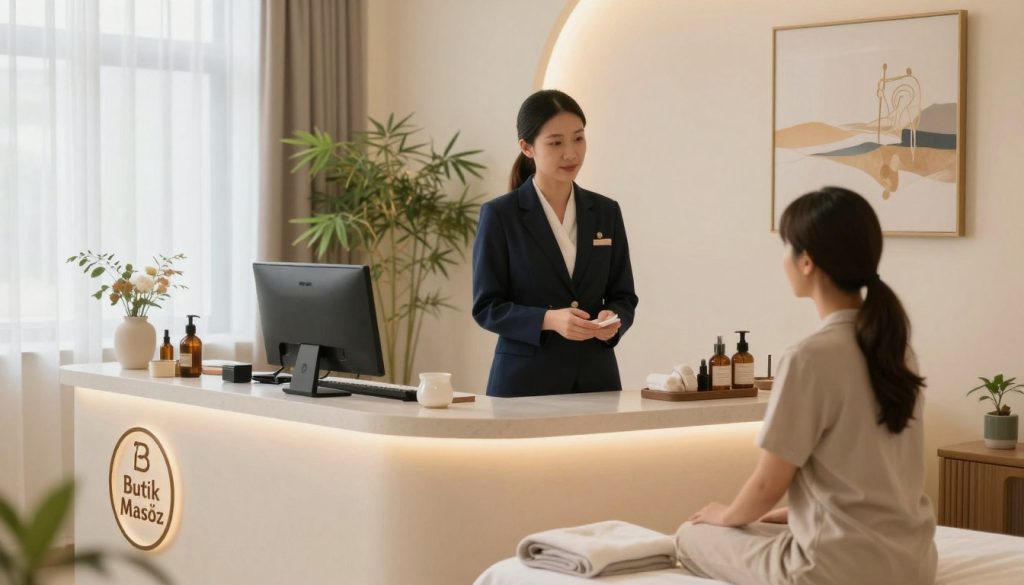 A serene and inviting massage salon setting, showcasing a professional environment. In the foreground, a welcoming reception area features a stylish desk with a logo for "Butik Masöz". In the middle, a dedicated staff member in smart business attire interacts with a client, both engaged in a discussion about services offered. The background illustrates calming elements like soft, ambient lighting, bamboo plants, and soothing artwork on the walls, creating a relaxing atmosphere. Natural light filters through sheer curtains, enhancing the tranquil mood. The overall composition emphasizes professionalism and comfort, capturing the essence of choosing the right massage therapist.