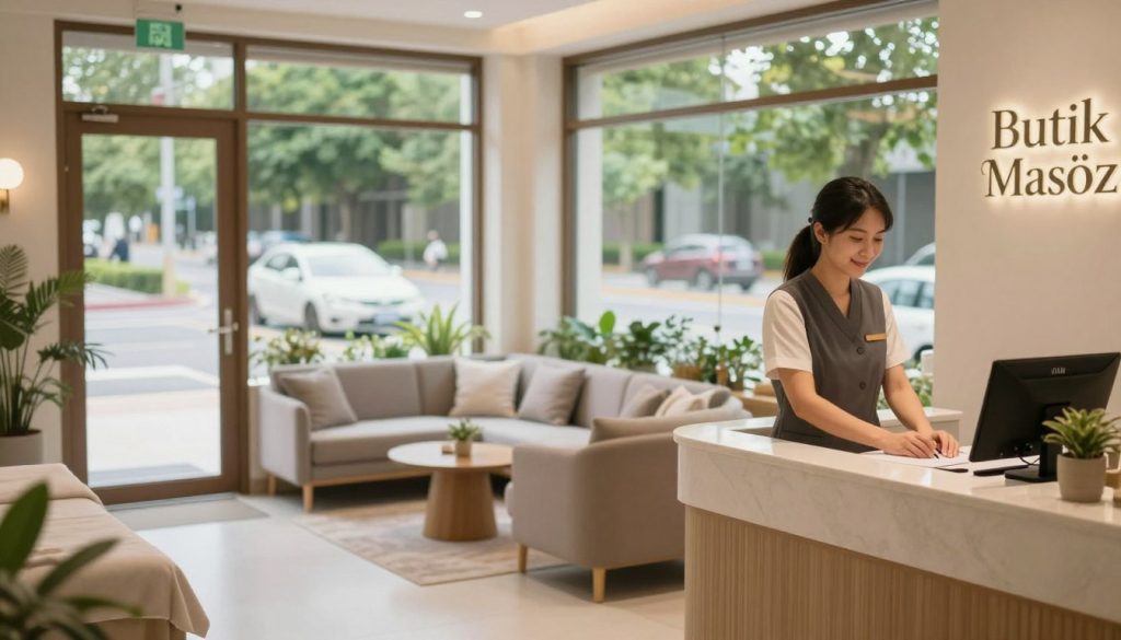 A serene and inviting massage salon with the brand name "Butik Masöz" elegantly displayed at the entrance. In the foreground, a friendly female masseuse in professional attire stands welcomingly beside a modern reception desk, exuding professionalism and warmth. The middle section features a cozy and tastefully decorated waiting area with comfortable seating and soft lighting that creates a calming atmosphere. In the background, large windows reveal a lush, green street, emphasizing easy access and convenience for clients arriving by foot or vehicle. The overall mood is tranquil and inviting, illuminated by gentle, natural light streaming in through the windows, captured with a soft focus to enhance relaxation. The angle is slightly elevated, offering a comprehensive view of the salon's inviting space.