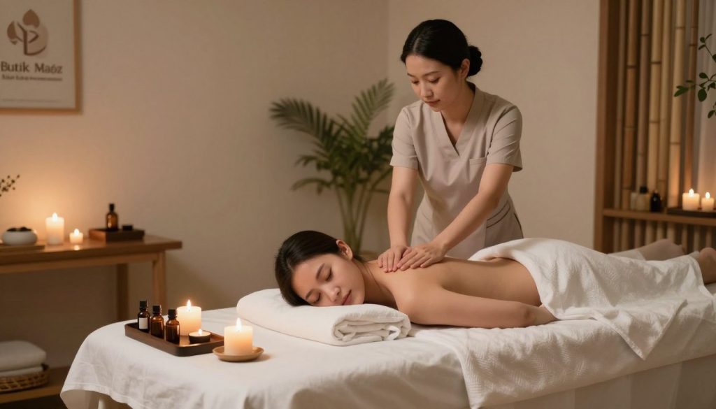 A serene and inviting massage therapy environment featuring a skilled practitioner demonstrating professional massage techniques. In the foreground, a massage table draped in crisp white linens, with soothing essential oils and candles arranged neatly beside it. The middle ground showcases a therapist in modest, professional attire, focused on a client who is comfortably resting on the table, their face gently supported. Soft ambient lighting emanates from hidden sources, creating a warm and calming atmosphere. In the background, tasteful décor with natural elements, such as bamboo and plants, enhances the peaceful setting. The overall mood exudes tranquility and wellness, emphasizing quality service in a boutique massage experience. Include the brand name "Butik Masöz" subtly in the setting to highlight the professionalism and expertise in massage therapy.