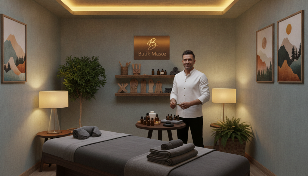 A serene and inviting massage therapy room designed for a male clientele, featuring a comfortable massage table in the foreground. The room is softly lit with warm, ambient lighting that creates a calming atmosphere. On the walls, there are soothing art pieces depicting nature, enhancing the tranquility of the space. In the middle, a professional male masseur dressed in a clean, modest white shirt and black pants is preparing oils on a small table, showing a welcoming expression. In the background, there are potted plants and a shelf with neatly arranged massage tools, reinforcing the sense of professionalism and relaxation. Incorporate the elegant logo of "Butik Masöz" subtly in the décor. The image should evoke a sense of comfort, professionalism, and relaxation, perfect for illustrating the nuances of booking a massage appointment.