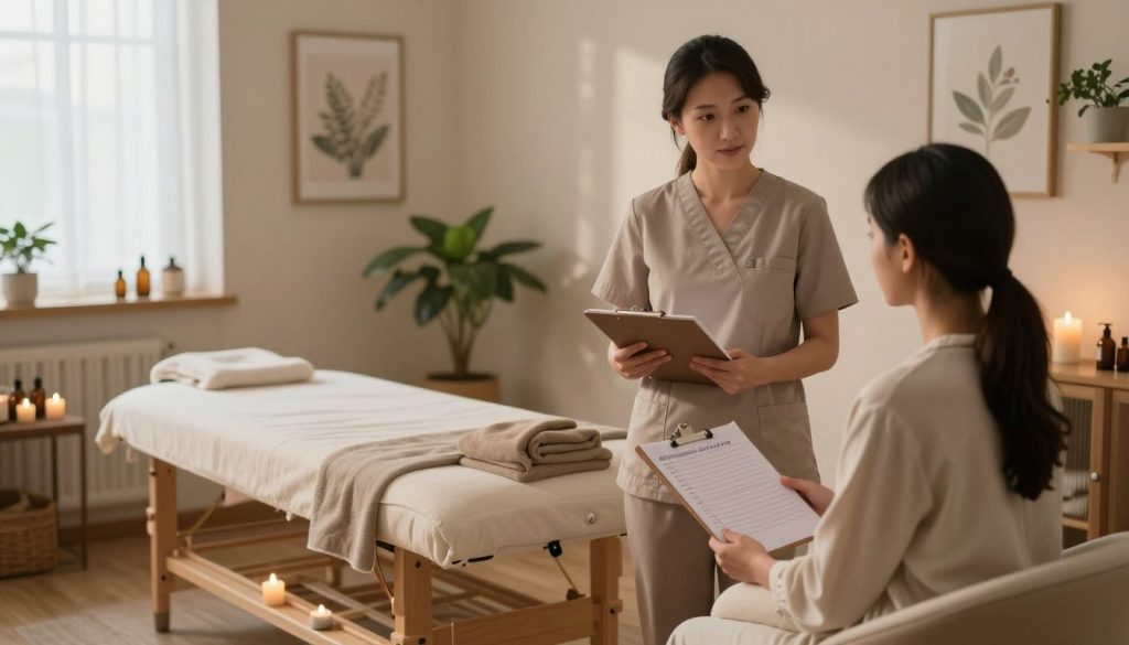 A serene and inviting massage therapy room, designed for personal consultation. In the foreground, a professional female massage therapist in modest, professional clothing stands confidently, listening attentively to a client sitting on a comfortable chair. The therapist holds a clipboard with notes about personal needs. The middle ground features a soothing massage table adorned with soft linens and essential oils, surrounded by candles giving off a warm glow. In the background, calming artwork and plants create a tranquil atmosphere, enhancing the overall sense of well-being. Soft, natural lighting from a window casts gentle shadows, emphasizing the peaceful mood. The brand name "Butik Masöz" is subtly included in the decor, enhancing the professionalism of the setting.