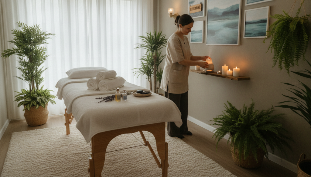 A serene and inviting massage therapy room, designed for professional appointments at "Butik Masöz" in Kağıthane. In the foreground, a massage table is neatly set with fluffy white towels and calming lavender essentials, illuminated by warm, soft lighting. A plush rug adds a touch of comfort. In the middle, a person dressed in modest, professional attire prepares the space, arranging soothing candles and gentle aromatherapy diffusers, exuding an atmosphere of relaxation and anticipation. In the background, serene artwork and plants enhance the tranquility of the environment. The scene is captured from a slightly elevated angle, emphasizing the inviting setup and creating a warm, welcoming mood that perfectly reflects the theme of preparing for a first massage session.