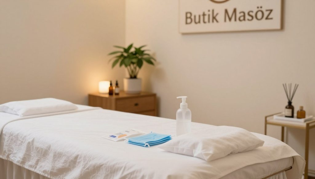 A serene and inviting massage therapy room, highlighting hygiene and safety checks for a relaxing massage session. In the foreground, a well-organized massage table draped with fresh, white linens and neatly arranged hygiene supplies such as hand sanitizers and disposable face covers. The middle shows a soft, warm lighting illuminating the room, creating a calming atmosphere, with potted plants and essential oil diffusers enhancing tranquility. In the background, the brand name "Butik Masöz" subtly displayed on a tasteful sign. The scene conveys a professional and safe environment, ideal for clients seeking a comfortable and hygienic massage experience. The overall mood is peaceful and reassuring, emphasizing cleanliness and client care.