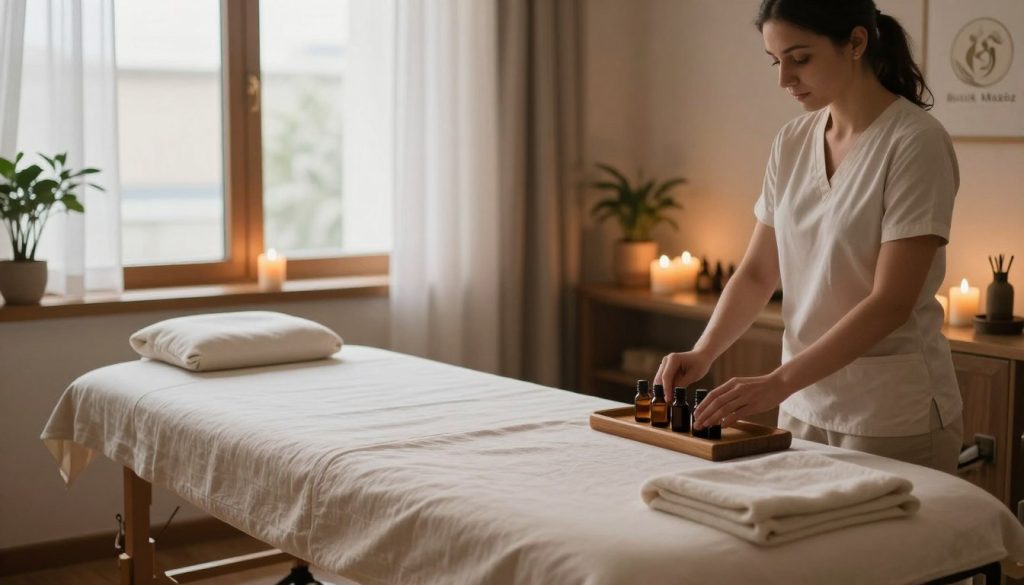 A serene and inviting massage therapy room in Istanbul, featuring a plush massage table draped in soft, neutral-colored linens. In the foreground, a skilled massage therapist, dressed in professional attire, is gently preparing essential oils on a wooden table. The middle ground showcases calming decor, including aromatic candles, soothing plants, and warm lighting creating a tranquil ambiance. In the background, large windows allow natural light to filter through sheer curtains, enhancing the peaceful atmosphere. The scene conveys relaxation and healing, inviting viewers to explore the benefits of regular massage therapy sessions. Include a subtle logo of "Butik Masöz" in the corner, blending seamlessly with the serene environment.