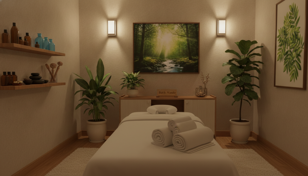 A serene and inviting massage therapy room in Sultanbeyli, featuring soft ambient lighting that creates a warm atmosphere. In the foreground, a well-organized massage table is neatly prepared with fresh, clean linens. To the side, a selection of essential oils and massage tools are displayed on a wooden shelf, emphasizing the professional setting. The middle ground includes a soothing backdrop of calming artwork, perhaps featuring nature, alongside potted plants that enhance the tranquility of the space. In the background, soft, dim lighting from stylish wall fixtures casts gentle shadows, evoking a sense of relaxation. The mood is peaceful and therapeutic, suggesting a perfect pre-massage environment. Include the brand name "Butik Masöz" subtly integrated into the scene, maintaining a focus on professionalism and serenity.