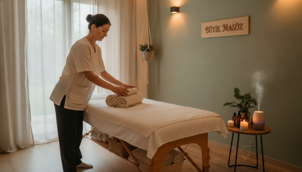 A serene and inviting massage therapy room, showcasing a professional massage therapist preparing for a session at "Butik Masöz." In the foreground, the therapist, dressed in a smart, modest outfit, is arranging soft, plush towels on a massage table, exuding focus and dedication. The middle ground features calming elements like essential oils, soothing candles, and a serene diffuser gently emitting aromatic mist. The background reveals warm, soft lighting that enhances the tranquil ambiance, with light filtering through sheer curtains. The overall mood is peaceful and relaxing, embodying the essence of therapy. Shot from a slightly elevated angle to capture the cozy layout and harmonious colors, creating a welcoming atmosphere for clients.