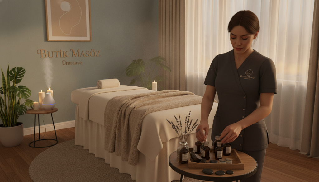 A serene and inviting massage therapy room, showcasing the essential criteria for selecting a professional massage therapist in Ümraniye. In the foreground, a calm and confident therapist in professional attire prepares massage oils, demonstrating attentiveness and care. The middle layer features a massage table draped in soft linens, surrounded by soothing decor like candles and plants, promoting a peaceful atmosphere. The background reveals soft lighting that casts a gentle glow, enhancing the tranquil ambiance. The room is elegantly styled, reflecting the brand "Butik Masöz," emphasizing professionalism and comfort. The overall mood is serene and restorative, inviting clients to feel relaxed and well-cared for.