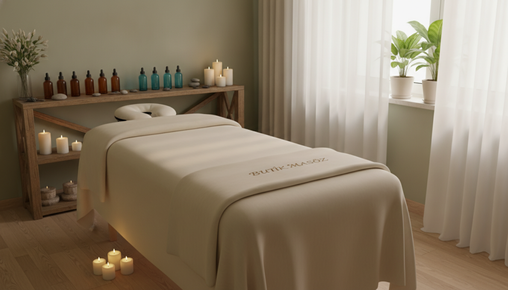 A serene and inviting massage therapy room, showcasing the preparation for an appointment at "Butik Masöz". In the foreground, a neatly arranged massage table with soft, fresh linen, flickering candles casting a warm glow. In the middle, a wooden shelf stocked with essential oils and aromatic candles, hinting at relaxation. The background features a softly lit window draped with sheer curtains, allowing gentle natural light to filter in. The atmosphere is tranquil and calming, with soft, muted colors such as light beige and gentle greens. The composition captures the essence of wellness and serenity, emphasizing a professional environment ideal for selecting the right therapist. Focus on the details, such as the texture of the linens and the warmth of the lighting, to create an inviting ambiance.