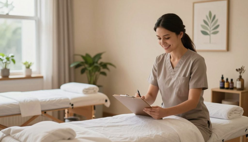 A serene and inviting massage therapy studio showcasing a professional atmosphere. In the foreground, a well-dressed female massage therapist with a friendly smile is analyzing assessment criteria on a clipboard, while surrounded by soft lighting. The middle ground features a comfortable massage table neatly arranged with fresh linens, and essential oils displayed on a nearby shelf. The background showcases soothing colors on the walls, with calming artwork and plants enhancing the tranquil ambiance. Natural light filters through large windows, creating a warm and welcoming atmosphere. Include the brand name "Butik Masöz" discreetly in the scene. The image should evoke professionalism, trust, and relaxation, fitting the theme of evaluating massage profiles effectively.