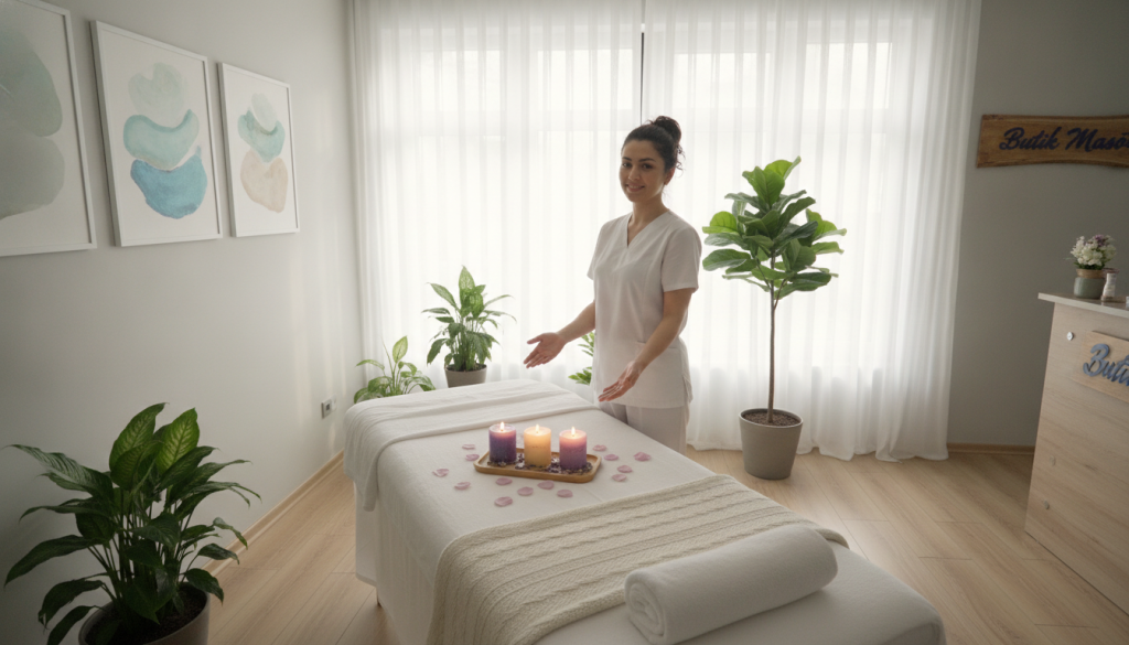 A serene and inviting massage therapy studio titled "Butik Masöz" in Pendik. In the foreground, feature a welcoming massage table adorned with soft, clean linens and aromatic candles creating a calming atmosphere. The middle ground should display a professional female masseuse in modest, professional attire, demonstrating a warm and friendly pose as if interacting with a client. The background includes soft natural lighting filtering through sheer curtains, potted plants for relaxation, and framed calming artwork on the walls, contributing to a tranquil environment. The angle should be slightly elevated to capture the depth of the studio while conveying a sense of professionalism and comfort. The overall mood is peaceful and welcoming, perfectly reflecting the essence of massage therapy services in Pendik.