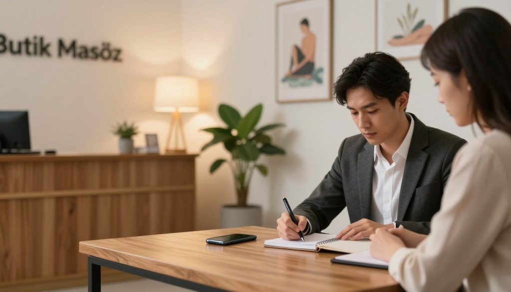 A serene and inviting office environment with a chic and modern aesthetic, featuring a stylish reception area of "Butik Masöz." In the foreground, a polished wooden desk adorned with a professional-looking smartphone and a notebook, where a well-dressed individual in business attire is thoughtfully composing a message. The middle ground includes a potted plant and an elegant lamp casting warm, soft light, enhancing the atmosphere of professionalism and care. The background showcases tasteful artwork on the walls that reflects wellness and relaxation themes. The overall mood is calm and focused, emphasizing the importance of proper communication. Utilize soft natural lighting to capture a welcoming ambiance, with a slight depth of field effect to draw attention to the subject composing the message.
