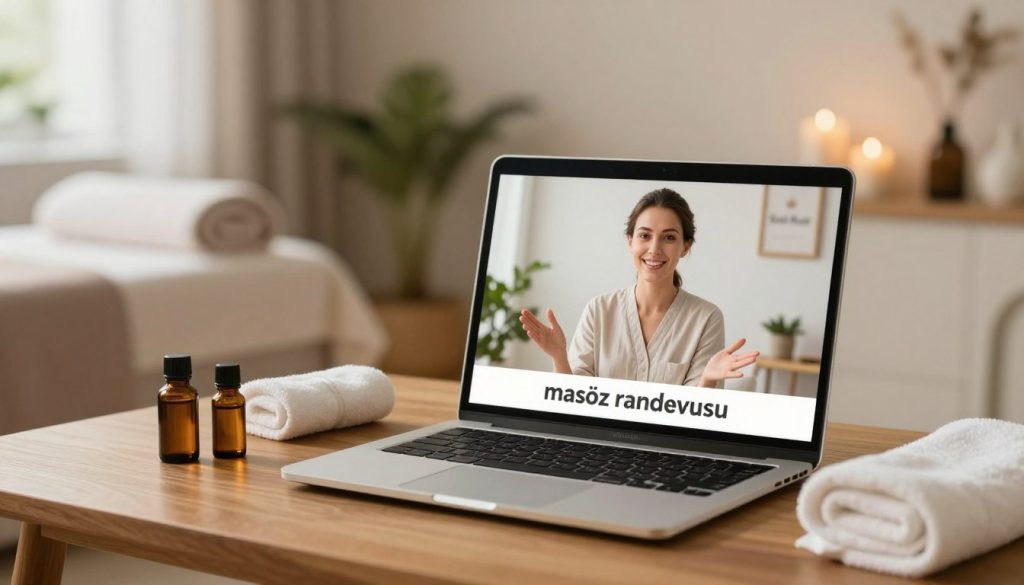 A serene and inviting online consultation scene for a professional massage therapist, illustrating the theme of "masöz randevusu". In the foreground, a laptop is open on a sleek wooden table adorned with calming essential oils and a neatly folded towel. In the middle ground, a soft-focus image of a professional female therapist, dressed in modest casual attire, is seen on the laptop screen, smiling and welcoming as she gestures invitingly. The background features a softly lit, tranquil spa environment with soothing colors, plants, and gentle textures. The atmosphere is peaceful and reassuring, highlighting professionalism and comfort. The brand name "Butik Masöz" is subtly reflected in the decor without overt display. The angle captures the warm ambiance and detail-oriented setting, creating a sense of trust and relaxation.