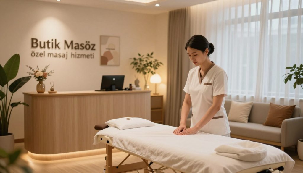 A serene and inviting scene depicting the "özel masaj hizmeti randevu alma süreci" with a focus on the boutique massage process. In the foreground, a well-dressed, professional masseuse standing beside a neatly arranged massage table, ready to assist clients. The middle ground features a cozy reception area with soft lighting, showcasing calming decor elements like plants and soothing artwork. In the background, a softly illuminated waiting area with comfortable seating reflects tranquility. Warm, ambient light filters through sheer curtains, enhancing the sense of relaxation. The atmosphere is zen-like and professional, conveying trust and comfort. Emphasize the brand name "Butik Masöz" subtly within the environment, ensuring a harmonious and safe for work presentation.