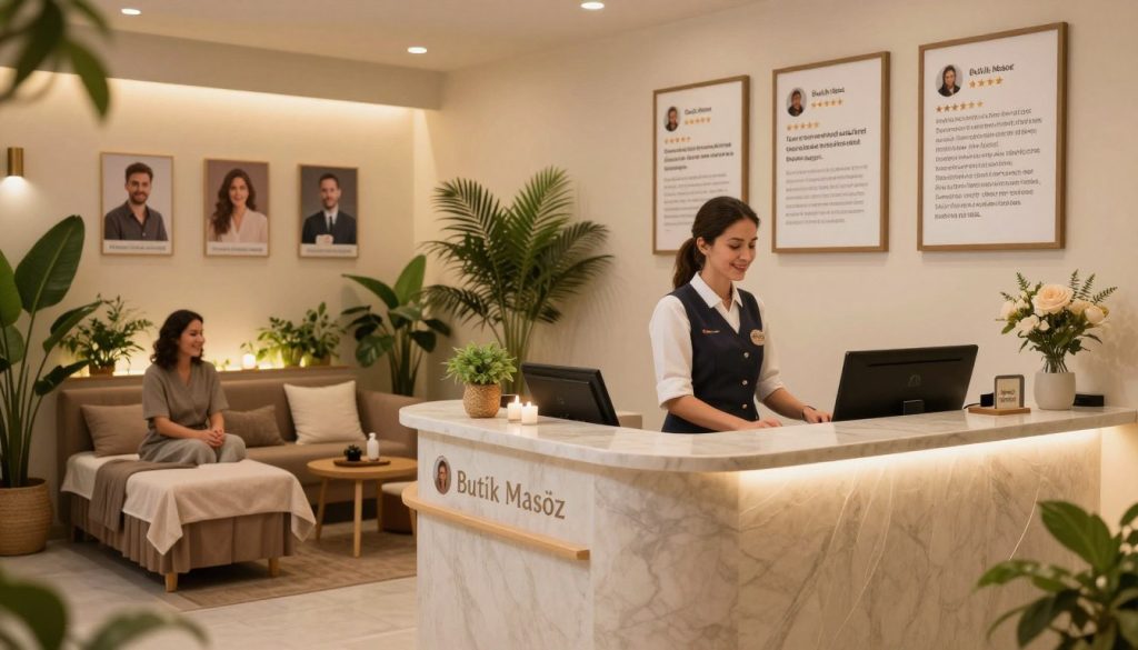 A serene and inviting scene showcasing a well-decorated spa reception area in Istanbul, where customer reviews and feedback are tastefully displayed. In the foreground, a comfortable, elegantly styled reception desk with a friendly staff member in professional attire, engaging with a client who looks pleased. The middle ground features a cozy seating area with lush plants and soft lighting, creating a relaxing atmosphere. In the background, subtle images of framed customer testimonials on the walls enhance the theme of trust and satisfaction. The lighting is warm and ambient, captured from a slight upward angle to emphasize the welcoming environment. The brand name "Butik Masöz" is displayed elegantly in the decor, ensuring focus on the service’s quality and customer appreciation. The mood is calm and reassuring, perfect for potential clients seeking a credible massage experience.