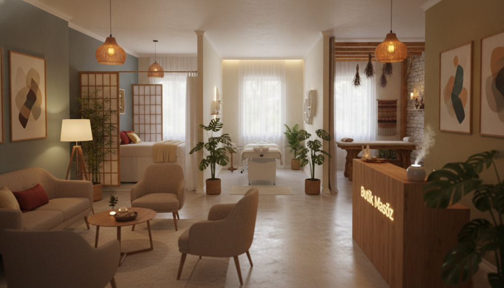 A serene and inviting scene showcasing various massage salon types in Sultangazi. In the foreground, highlight a cozy reception area with comfortable seating and warm lighting, accented by tasteful decor featuring soft colors and calming artwork. In the middle ground, depict distinct massage therapy rooms, each designed with unique themes: one featuring a tranquil Asian aesthetic, another a modern minimalist style, and a third with rustic charm. The background includes lush indoor plants and soft ambient lighting that enhances the peaceful atmosphere. Capture the essence of relaxation and wellness. Include the brand name "Butik Masöz" subtly integrated into the design. Soft focus and warm tones create a soothing mood, ensuring a professional, welcoming environment perfect for potential clients.