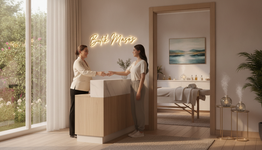 A serene and inviting setting for a massage appointment, featuring a peaceful reception area with soft natural lighting. In the foreground, a professional masseuse in modest business attire is warmly welcoming a client at a stylish front desk with an elegant sign that reads "Butik Masöz." In the middle, a cozy massage room can be seen, adorned with calming decor - soft towels, essential oil diffusers, and soothing artwork. In the background, a window reveals lush greenery outside, adding to the tranquil atmosphere. The mood is relaxing and professional, with a focus on wellness and comfort, evoking a sense of ease and anticipation for a rejuvenating massage experience.