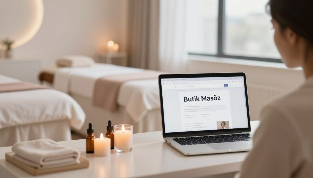 A serene and inviting spa consultation scene set in a modern, peaceful environment in Istanbul. In the foreground, a stylish computer desk with an open laptop displaying a search engine interface, featuring the words "Butik Masöz." A soft-focus view of a luxe massage treatment room can be seen in the middle, decorated with calming elements like candles and essential oils. The background features large windows letting in gentle, diffused natural light, adding warmth to the atmosphere. The mood is relaxed and professional, suggesting thorough online research in a soothing setting. Soft pastel colors dominate the color palette, enhancing the tranquil ambiance.