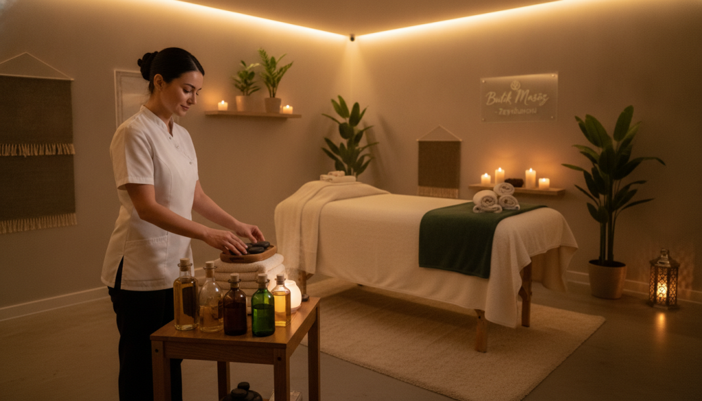 A serene and inviting spa environment in Zeytinburnu, featuring a massage therapy room. In the foreground, a skilled masseuse in professional attire is preparing for a treatment, demonstrating a calming presence. The middle layer showcases a massage table adorned with fresh towels and soothing, aromatic oils, while soft ambient lighting casts a warm glow. The background reveals tranquil elements such as indoor plants, candles, and soft textures to enhance relaxation. The atmosphere is peaceful and rejuvenating, embodying the spirit of wellness at "Butik Masöz." The image captures the essence of various massage types available, promoting a holistic wellness experience in a stylish setting.