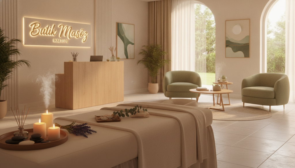 A serene and inviting spa environment of "Butik Masöz" in Maltepe, showcasing a tranquil massage salon. In the foreground, a therapy table draped with soft, neutral-colored linens, surrounded by soothing candles and fresh lavender arrangements. The middle layer features a beautifully designed reception area with modern decor, featuring plush seating and calming artwork depicting nature. The background reveals large windows allowing natural light to flood the space, enhancing the tranquil ambiance. Gentle soft lighting creates a warm atmosphere, while a subtle aroma of essential oils wafts through the air. The color palette consists of soft greens, creams, and earth tones, embodying comfort and relaxation. The composition is taken from a slight angle, highlighting both the beauty and professionalism of the space, making it an ideal representation of massage salons in Maltepe.