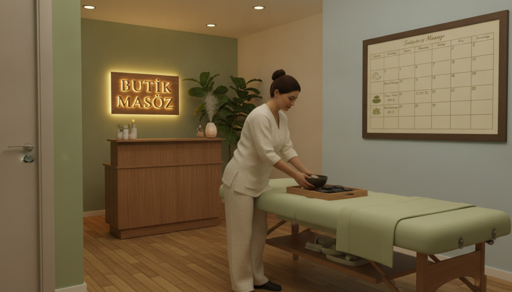 A serene and inviting spa reception area featuring a welcome desk with a sign that reads "Butik Masöz." In the foreground, a professional female massage therapist in modest casual clothing prepares a treatment room with calming colors. The middle space includes elegant décor, such as soft lighting, plants, and aromatherapy diffusers, creating a tranquil ambiance. In the background, a beautifully arranged massage appointment calendar is visible, with symbols indicating different types of massages and their prices. The lighting is soft and warm, evoking a sense of relaxation and comfort, captured from a slightly elevated angle to emphasize the holistic atmosphere of wellness and self-care.