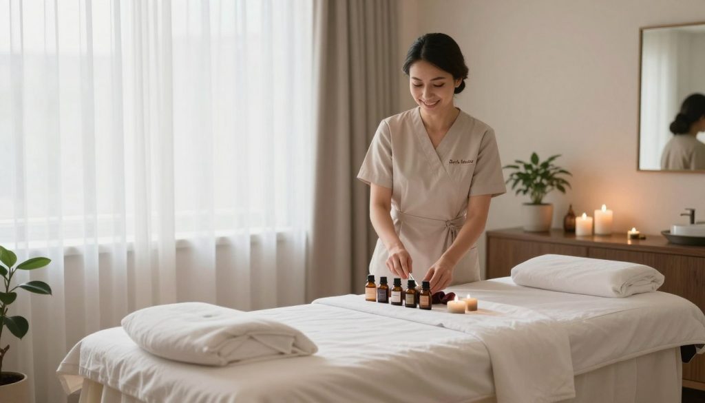 A serene and inviting spa room featuring a professional female massage therapist preparing for an appointment. In the foreground, a massage table is elegantly draped with soft, clean linens, and a selection of essential oils and calming aromatherapy candles is arranged neatly nearby. The middle of the image highlights the therapist, dressed in a modest, professional outfit, as she carefully organizes her tools and greets a potential client with a warm, welcoming smile. Soft, natural lighting filters through sheer curtains, creating a tranquil atmosphere. The background showcases relaxing decor, such as potted plants and soothing wall colors, enhancing the peaceful vibe of the setting. The scene embodies professionalism and comfort, with the "Butik Masöz" brand subtly suggested through the decor.