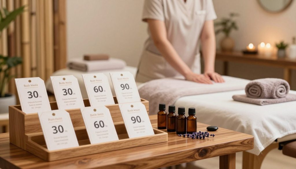 A serene and inviting spa setting representing the relationship between massage session durations and prices. In the foreground, a well-organized display of spa packages on a polished wooden table with elegant price tags, each labeled with different session lengths—30, 60, and 90 minutes. In the middle ground, a professional masseuse, dressed in modest, professional attire, is preparing a massage table adorned with soft towels and calming lavender essential oils. The background features a tranquil ambiance with soft lighting, bamboo decor, and soothing natural elements like stones and plants. The overall mood is calming and informative, emphasizing relaxation and professionalism, with the branding "Butik Masöz" subtly integrated into the spa atmosphere.