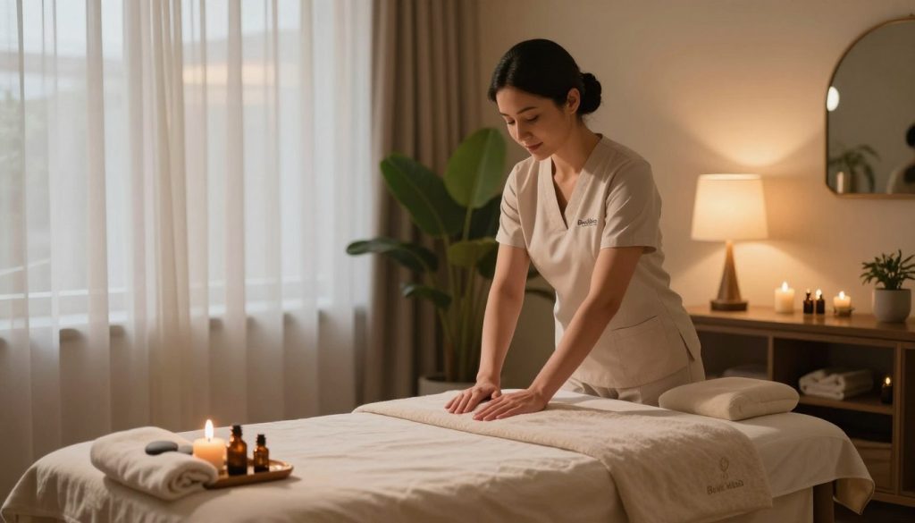 A serene and inviting treatment room setting, designed for a professional massage therapy session, highlighting the expertise of a qualified masseuse. In the foreground, a massage table with soft linens, accented by calming essential oils and soothing stones. The middle ground features a compassionate, modestly dressed female masseuse in professional attire, demonstrating a nurturing posture as she prepares the space. Warm, ambient lighting filters through sheer curtains, creating a tranquil atmosphere. In the background, calming greenery and elegant decor evoke relaxation and peace. The logo "Butik Masöz" subtly integrated into the scene adds a branded touch. The overall mood is soothing and inviting, perfectly reflecting the professionalism and expertise sought in selecting a skilled masseuse.