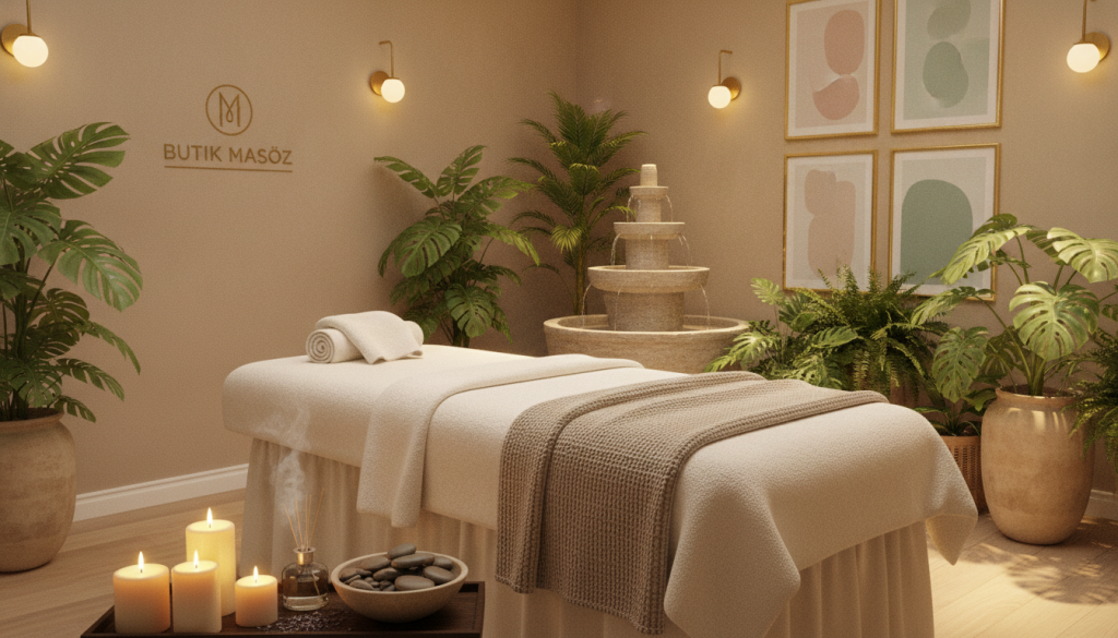 A serene and luxurious Tuzla spa massage salon atmosphere, highlighting the elegant interior design of Butik Masöz. In the foreground, a beautifully arranged massage table adorned with soft towels and aromatic candles. In the middle ground, a calming water feature and lush indoor plants create a refreshing ambiance. The background showcases softly lit walls with subtle artwork and a soothing color palette of beige and pastel tones. Warm, diffused lighting emanates from stylish fixtures, enhancing the tranquil environment. The scene conveys a sense of relaxation and comfort, inviting guests into a peaceful retreat. Capture the soft textures and inviting arrangement to reflect the importance of a well-designed massage salon atmosphere.