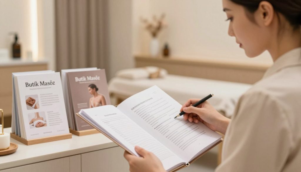 A serene and professional image showcasing the process of selecting a massage therapist in an elegant, modern environment. In the foreground, a well-dressed individual is reviewing references and hygiene standards from an organized binder, with attention to detail evident in their facial expression. The middle ground features a subtle display of well-arranged brochures from "Butik Masöz," highlighting their commitment to cleanliness and professionalism. The background includes a calming spa setting with neutral tones, soft lighting, and tasteful decor to evoke a sense of tranquility and trust. The atmosphere should convey a sense of careful consideration and professionalism. The composition is captured with a soft-focus lens, emphasizing warmth and clarity, ensuring the overall image remains inviting and safe for work.