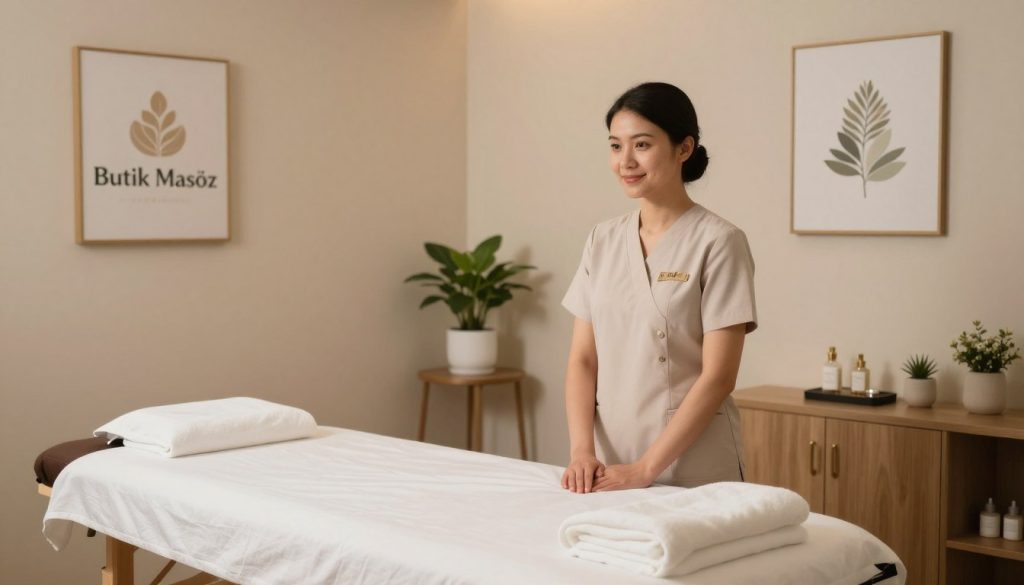A serene and professional massage therapy room, showcasing a clean and well-organized environment. In the foreground, a licensed female massage therapist, dressed in modest, professional attire, stands by a massage table, radiating a sense of trust and professionalism. The therapist has a friendly expression, ensuring a welcoming atmosphere. In the middle, the massage table is neatly prepared with fresh linens and soft towels. In the background, soft ambient lighting creates a calming effect, with gentle shadows adding depth. Elegant decor such as plants and calming artwork line the walls, emphasizing a focus on privacy and security standards. The logo "Butik Masöz" subtly featured on a wall adds a touch of branding to the atmosphere, enhancing the ambiance without being obtrusive.