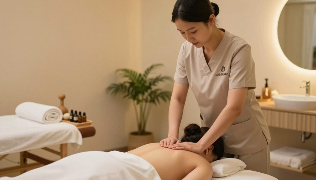 A serene and professional massage therapy setting, showcasing a skilled massage therapist demonstrating various expert techniques on a massage table. In the foreground, the therapist, dressed in modest, professional attire, is performing a gentle yet effective technique, focusing on the shoulders of a relaxed client. In the middle ground, a selection of typical massage tools and essential oils organized neatly, highlighting a tranquil atmosphere. The background features soft, warm lighting that creates a calming ambiance, with soothing colors on the walls, and plants that add a touch of nature. Capture the essence of professionalism and relaxation in this image, emphasizing the quality of care in massage therapy, branded with the name "Butik Masöz." The scene should evoke a sense of trust and comfort for clients exploring different types of massage techniques.