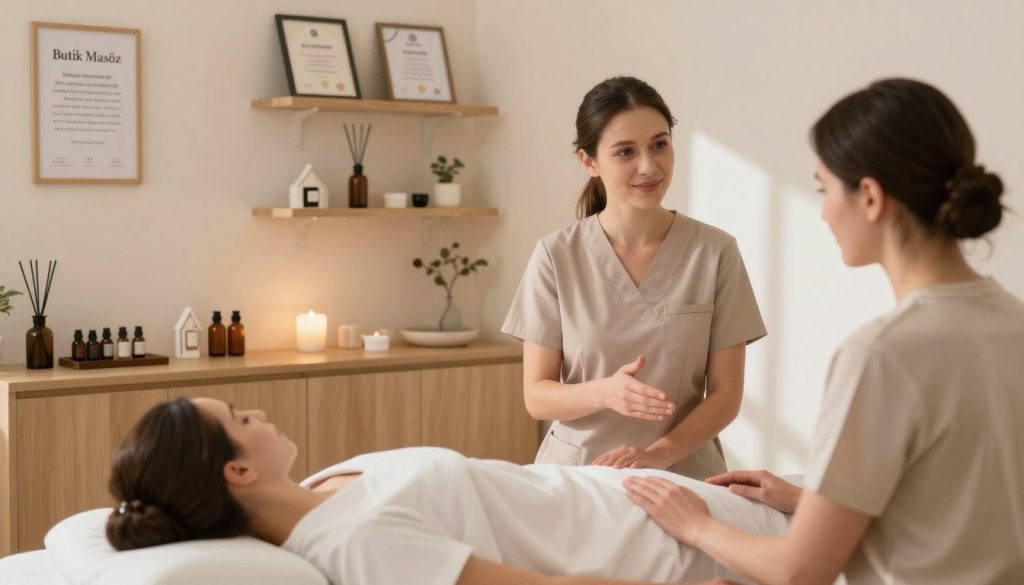 A serene and professional setting depicting a massage therapy consultation. In the foreground, a well-dressed masöz in professional attire, ensuring a warm and inviting demeanor, discusses with a client sitting comfortably in a modern, elegant massage studio. The middle ground features a well-organized space with calming colors, aromatherapy oils, and soft lighting creating a soothing atmosphere. In the background, shelves display credentials and client testimonials, subtly highlighting reliability and trust. Soft, natural light filters through, casting gentle shadows, and creating a relaxing ambiance. The brand "Butik Masöz" is subtly integrated into the decor, emphasizing a focus on professional massage services. The overall mood is one of tranquility, trust, and professionalism, ideal for clients seeking reliable massage services.