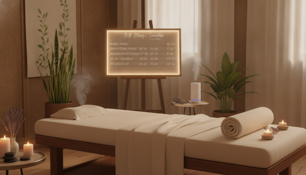A serene and professional setting depicting a tranquil massage therapy room for "Butik Masöz." In the foreground, a neatly arranged massage table with soft linens and a serene ambiance, surrounded by aromatic candles and essential oil diffusers, creating a calming atmosphere. In the middle ground, an elegant pricing board displaying various massage packages with clear categories, featuring a therapeutic touch like soft lighting to enhance the feel of relaxation. The background reveals gentle wall decor in soothing colors and textures, such as bamboo and soft fabrics. The scene has warm, diffused lighting, simulating a peaceful afternoon mood, inviting clients to explore the range of massage service prices. The image should evoke a sense of comfort and professionalism, emphasizing a quality massage experience in Sancaktepe.