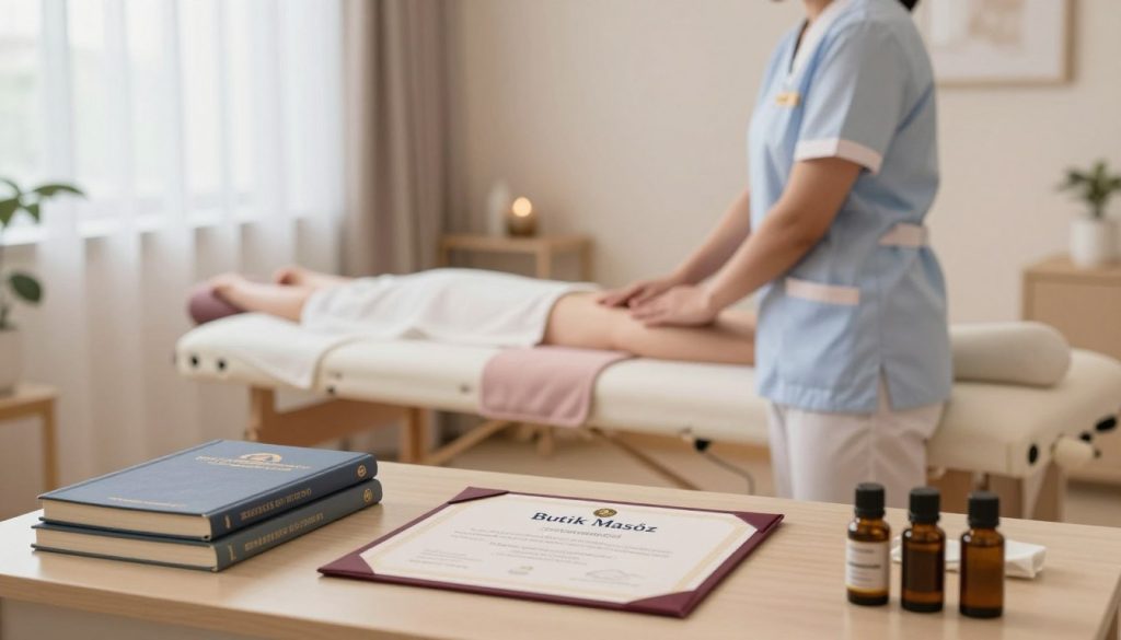 A serene and professional setting depicting licensed massage therapist certification criteria. In the foreground, a neatly arranged desk featuring a diploma from "Butik Masöz", surrounded by massage therapy books and essential oils. The middle space showcases a soothing massage room with a well-made treatment table, calming pastel colors, and soft, diffused lighting creating a tranquil atmosphere. The background includes a peaceful window view with gentle natural light filtering through sheer curtains, enhancing the calm mood. The overall composition conveys a sense of professionalism, expertise, and a welcoming environment for potential clients seeking expert massage therapists. The scene is free of any text or distractions, focusing solely on the elements that represent high standards in massage therapy.