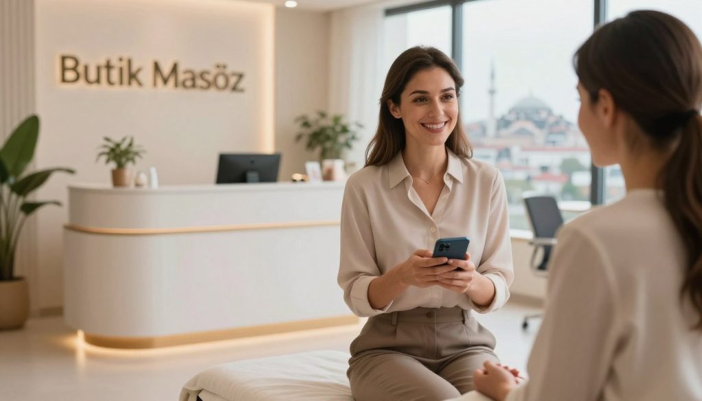 A serene and professional setting depicting the communication and appointment process for a massage therapist in Istanbul. In the foreground, a well-dressed female massage therapist, wearing a smart blouse and trousers, is engaged in a friendly conversation with a client over a smartphone, displaying a welcoming smile. The middle ground shows a stylish, softly-lit reception area of a massage studio, adorned with soothing décor and plants. The background features a gentle blend of Istanbul's skyline through a large window, hinting at the city outside. The overall atmosphere is calm and inviting, with warm, natural lighting that evokes comfort and professionalism. The brand name "Butik Masöz" is subtly integrated into the reception area design, ensuring it aligns with the theme of communication and appointment setting.