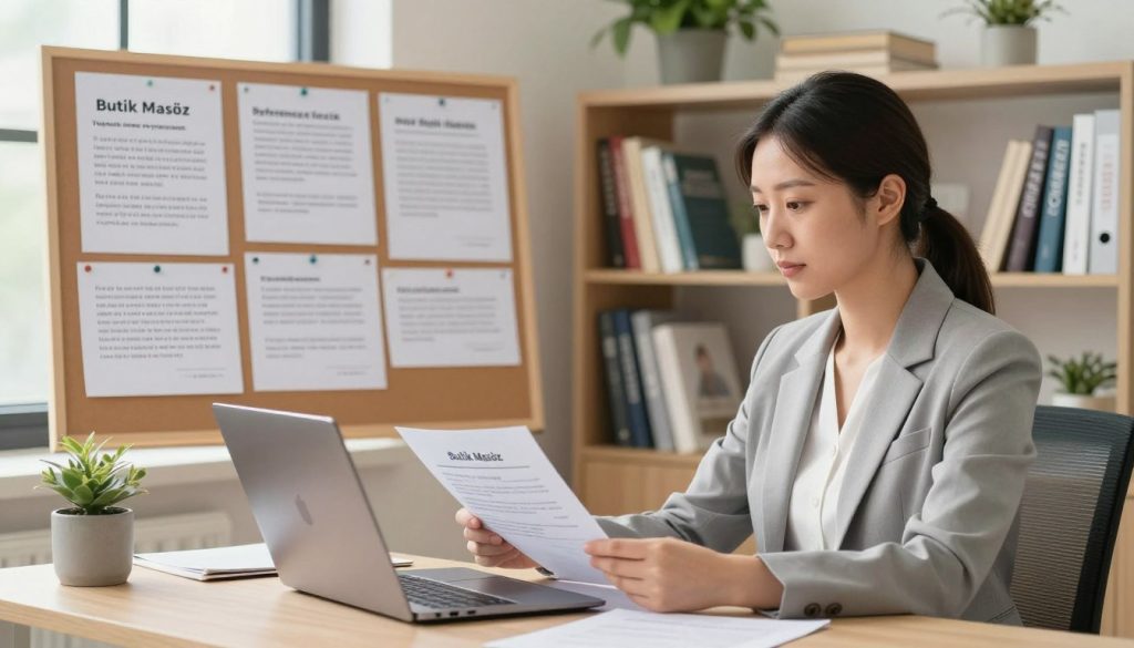 A serene and professional setting featuring a well-organized office space used for reference checks. In the foreground, a calm and focused individual, dressed in business attire, is seated at a desk with a laptop open, reviewing files related to massage therapists. In the middle ground, a large bulletin board displays pinned notes and testimonials from satisfied clients, highlighting the importance of reference checks. The background features a bookshelf filled with wellness literature and plants, creating an inviting atmosphere. Soft, natural lighting filters in through a window, giving a warm and trustworthy feel. The overall mood communicates professionalism and the necessity of careful selection in choosing a massage therapist, reflecting the service brand "Butik Masöz."