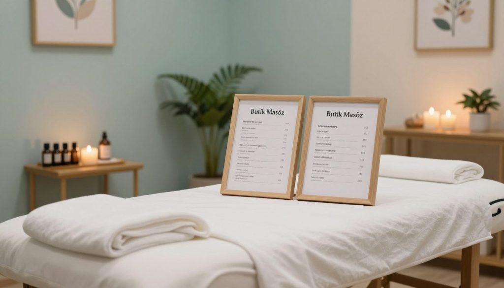 A serene and professional setting showcasing a massage therapy room, designed to reflect the various price ranges for private massage services. The foreground features a neatly arranged massage table with crisp, white linens and soft, comforting lighting. A small table beside it holds essential oils and calming candles. In the middle ground, massage price lists are elegantly displayed in a tasteful frame, emphasizing different service options. The background shows soft, muted colors like light blues and greens, with decorative plants and gentle artwork that evoke relaxation. The lighting is warm and inviting, creating a tranquil atmosphere. The room is well-organized, inspired by the brand "Butik Masöz," focusing on professionalism and calmness, safe for work environments.