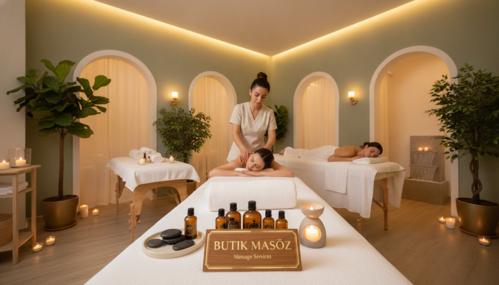 A serene and professional spa environment showcasing various massage services offered by "Butik Masöz". In the foreground, a well-organized massage table adorned with towels and essential oils, highlighting professionalism and comfort. In the middle ground, a skilled massage therapist in modest, professional attire demonstrating different techniques on a client, who is comfortably dressed in light, casual wear. The background features tranquil spa decor with soft lighting, lush greenery, and calming colors to evoke a sense of relaxation and wellbeing. Use warm, natural light to create a soothing atmosphere. The image should capture an inviting and serene ambiance that reflects the range of massage services available.