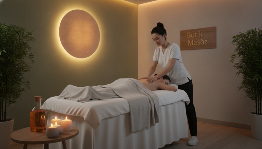 A serene and tranquil interior of a massage therapy room by "Butik Masöz" in Pendik. In the foreground, a massage table is neatly arranged with soft, calming linens. A soothing massage oil bottle and aromatic candles are placed nearby. The middle ground features a therapist in professional attire, providing a relaxing massage to a client who is comfortably dressed in a modest outfit, showcasing a peaceful expression. The background includes soft, ambient lighting from strategically placed lamps, enhancing the relaxed atmosphere. Natural elements like indoor plants add freshness to the scene. The overall mood is serene and inviting, emphasizing relaxation and professional care, with a focus on the therapeutic services offered.