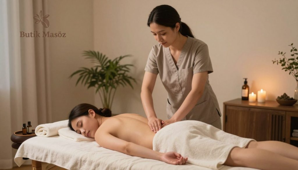 A serene and tranquil therapy room setting featuring a professional massage therapist in modest, casual attire providing a soothing massage to a fully clothed client. In the foreground, a massage table adorned with soft towels and essential oils exudes a sense of calm. In the middle ground, the therapist has a focused yet gentle expression, demonstrating attentive care and expertise. The background includes soft ambient lighting with decorative plants and candles that create a warm and inviting atmosphere. The image highlights the physical benefits of professional massage therapy, such as relaxation and rejuvenation, capturing a moment of therapeutic healing. The brand "Butik Masöz" subtly integrated into the scene reflects a high standard of service and experience in the field of massage therapy.